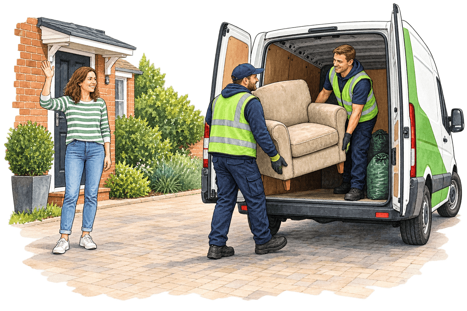 A homeowner waves from her cleared driveway as two waste collectors load the last armchair into their van